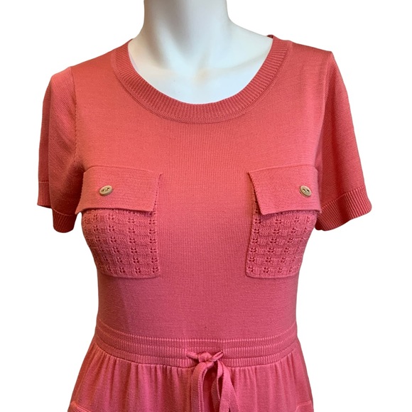orla kiely Salmon Pink Silk Knit Dress Tie Waist w/Pockets Short Sleeves size 6 - Picture 2 of 7